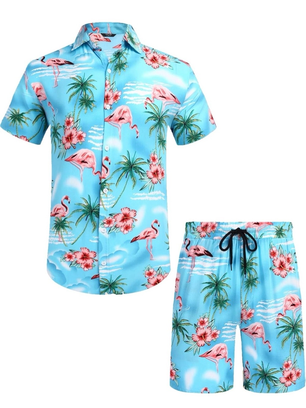 Men’s Hawaiian Blue Tropical Flamingo Palm Tree Shirt and Shorts Set. 4XL 🦩